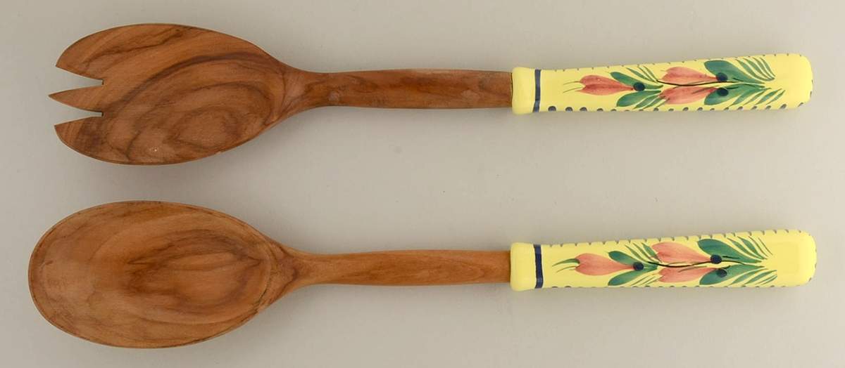 Soleil Yellow (Octagonal, Lady) 2-Piece Wood/Ceramic Salad Set by Quimper-1