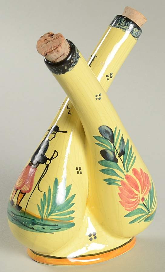 Soleil Yellow (Octagonal, Lady) Attached Oil and Vinegar Set with Stoppers by Quimper-1