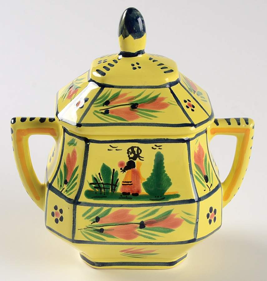 Soleil Yellow (Octagonal, Lady) Sugar Bowl & Lid by Quimper-1