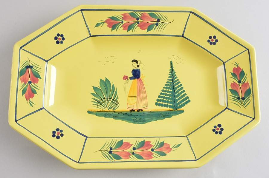 Soleil Yellow (Octagonal, Lady) 14" Oval Serving Platter by Quimper-1