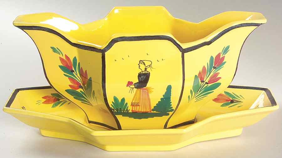 Soleil Yellow (Octagonal, Lady) Gravy Boat with Attached Underplate by Quimper-1