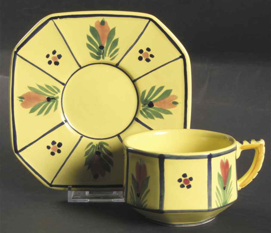 Soleil Yellow (Octagonal, Lady) Flat Cup & Saucer Set by Quimper-1