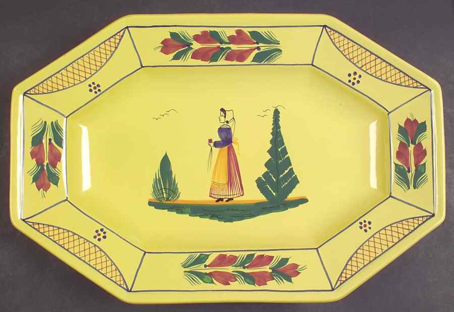 Soleil Yellow (Octagonal, Lady) 14" Oval Serving Platter by Quimper-1