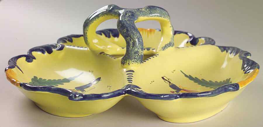 Soleil Yellow (Octagonal, Lady) 3-Part Relish by Quimper-1