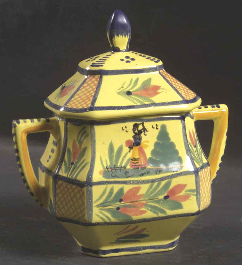 Soleil Yellow (Octagonal, Lady) Sugar Bowl & Lid by Quimper-1
