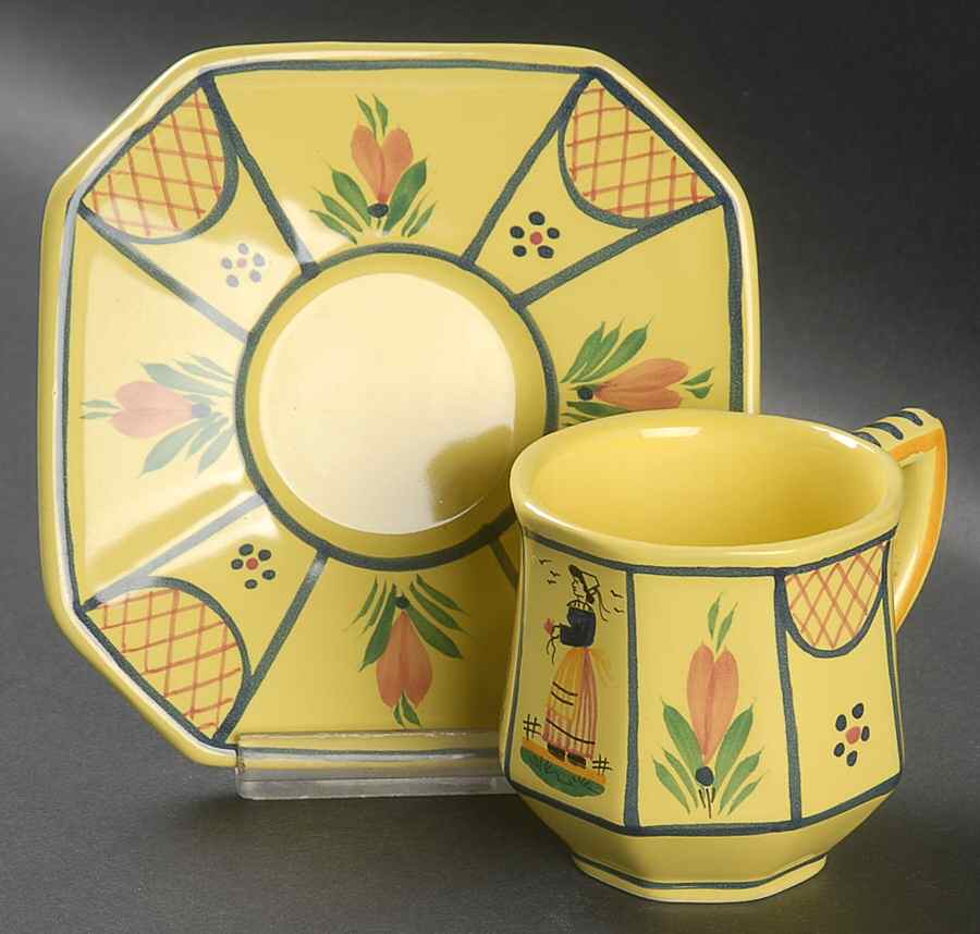 Soleil Yellow (Octagonal, Lady) Flat Demitasse Cup & Saucer Set by Quimper-1
