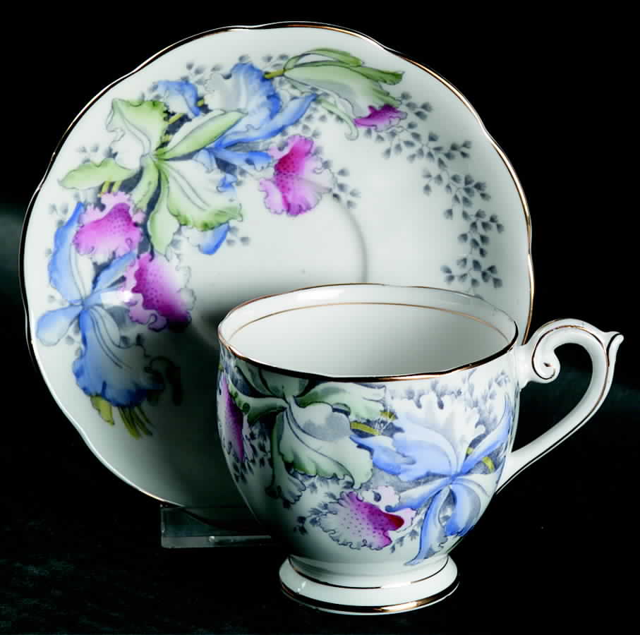 Orchids Footed Cup & Saucer Set by Queen Anne (England)-1