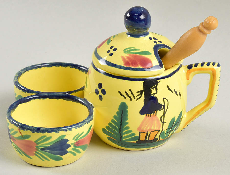 Soleil Yellow (Octagonal, Man) Mustard & Lid w/ Attached Open Salt & Pepper by Quimper-1