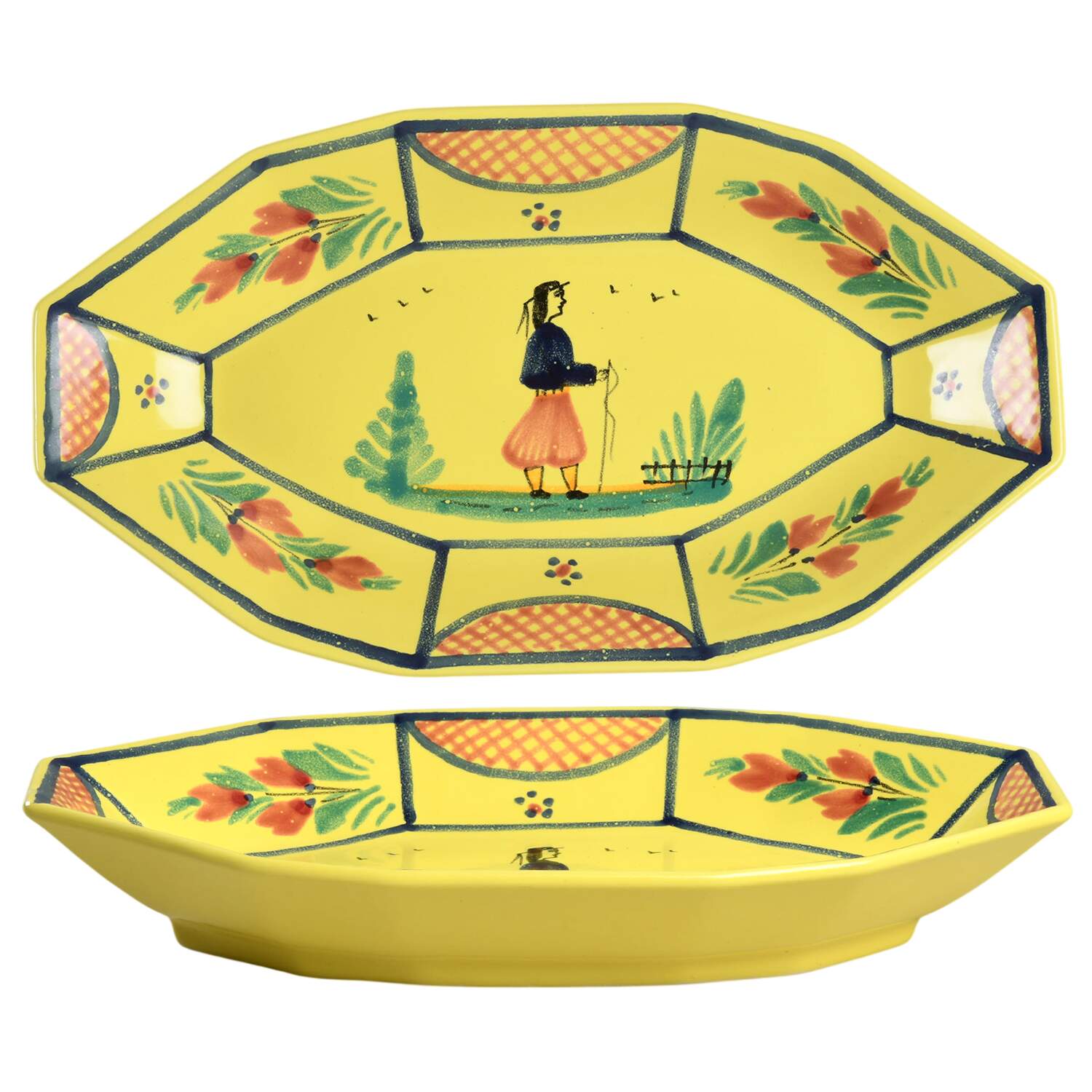 Soleil Yellow (Octagonal, Man) 9" Oval Vegetable Bowl by Quimper-1