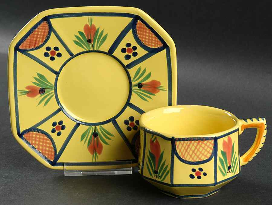 Soleil Yellow (Octagonal, Man) Flat Cup & Saucer Set by Quimper-1