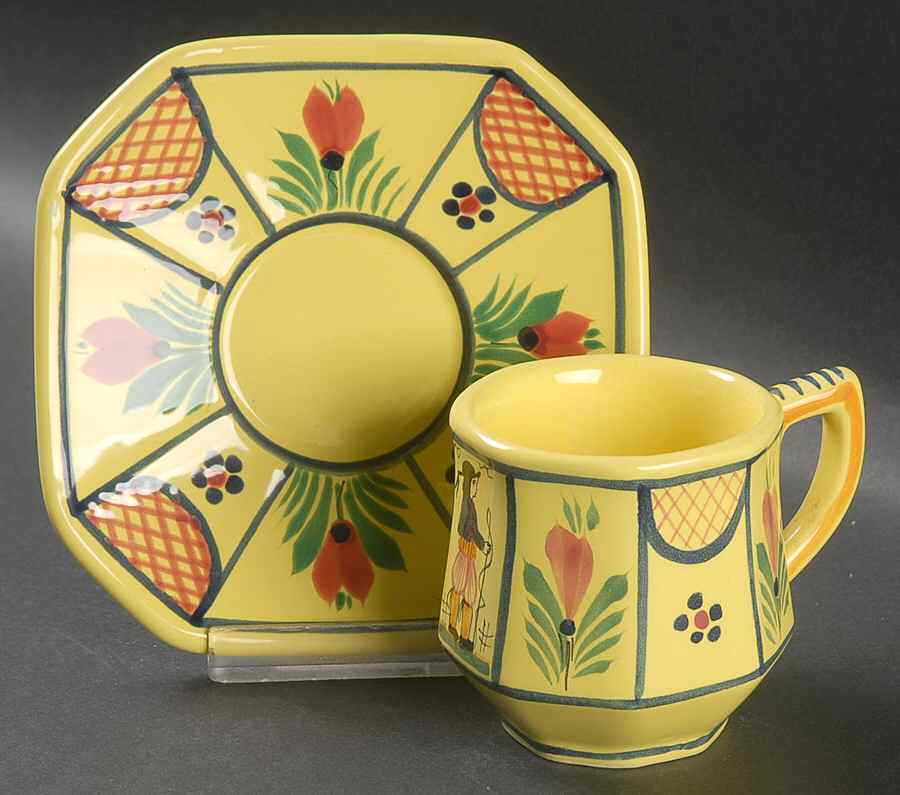 Soleil Yellow (Octagonal, Man) Flat Demitasse Cup & Saucer Set by Quimper-1