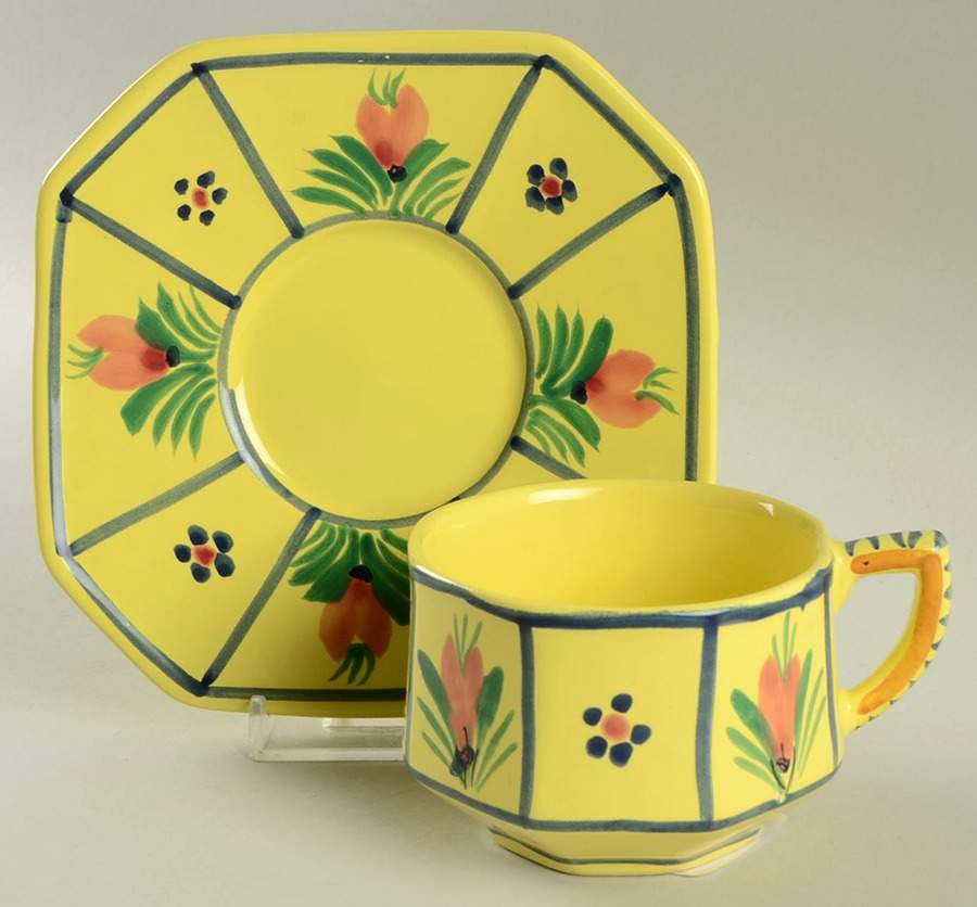 Soleil Yellow (Octagonal, Man) Flat Cup & Saucer Set by Quimper-1