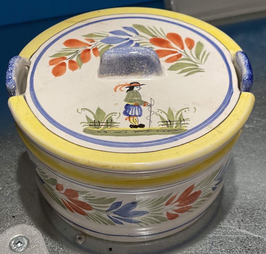 Henriot (Lady Or Man Center) Butter Tub & Lid by Quimper-1