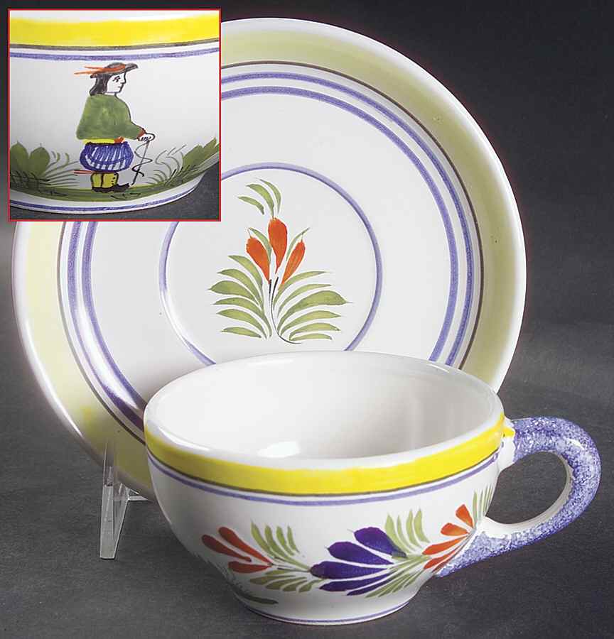 Henriot (Lady Or Man Center) Flat Cup & Saucer Set by Quimper-1