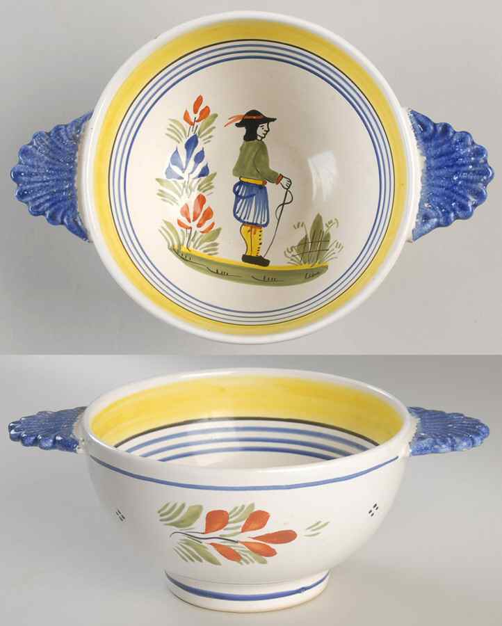 Henriot (Lady Or Man Center) 10" Round Footed Handled Vegetable Bowl by Quimper-1