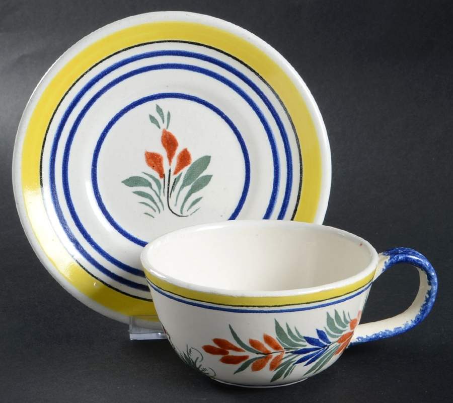 Henriot (Lady Or Man Center) Flat Cup & Saucer Set by Quimper-1