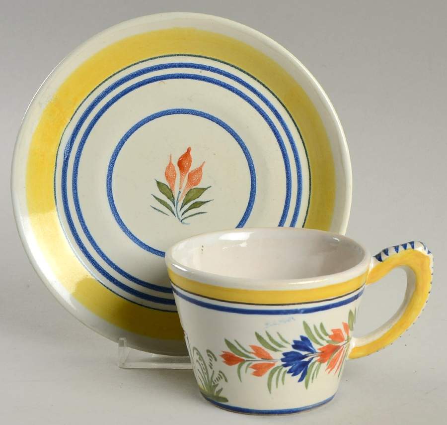 Henriot (Lady Or Man Center) Flat Cup & Saucer Set by Quimper-1