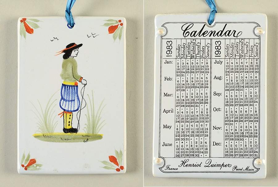Henriot (Lady Or Man Center) Wall Plaque with Calendar on Back by Quimper-1