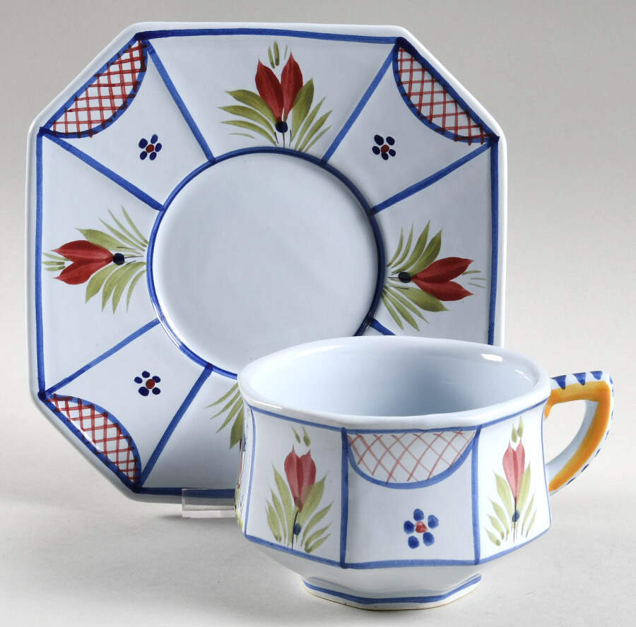 Mistral Blue (Octagonal, Man Center) Oversized Cup & Saucer Set by Quimper-1