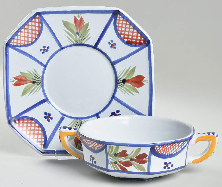Mistral Blue (Octagonal, Man Center) Flat Cream Soup Bowl & Saucer Set by Quimper-1