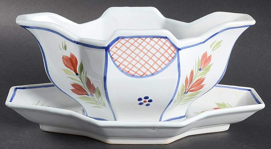 Mistral Blue (Octagonal, Man Center) Gravy Boat with Attached Underplate by Quimper-1