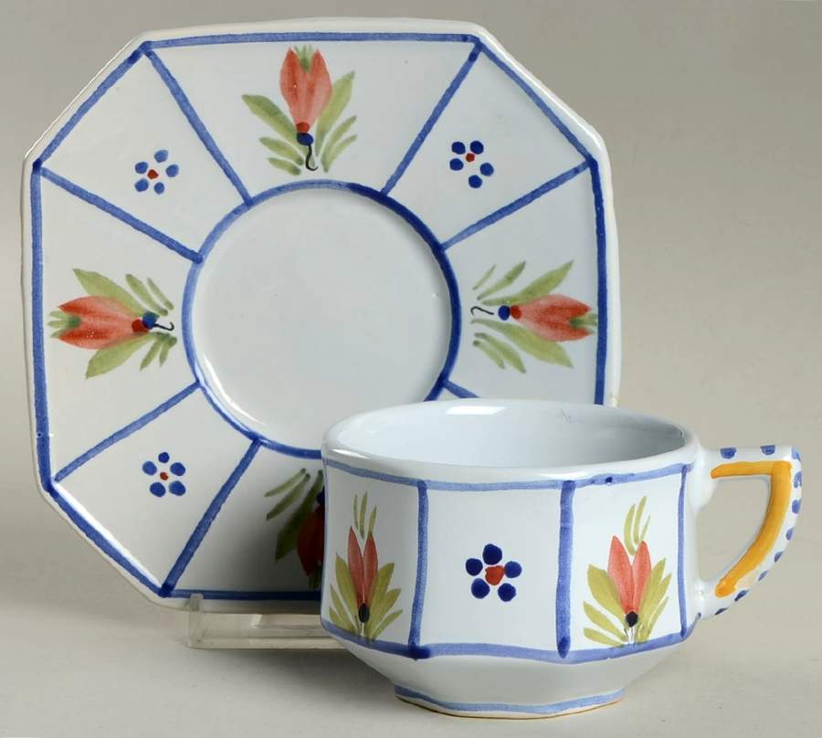 Mistral Blue (Octagonal, Man Center) Flat Cup & Saucer Set by Quimper-1