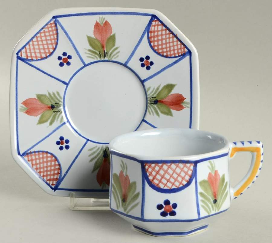 Mistral Blue (Octagonal, Man Center) Flat Cup & Saucer Set by Quimper-1