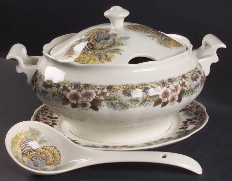 Thanksgiving Multicolor Tureen & Lid w/Ladle & Underplate by Queen's-1
