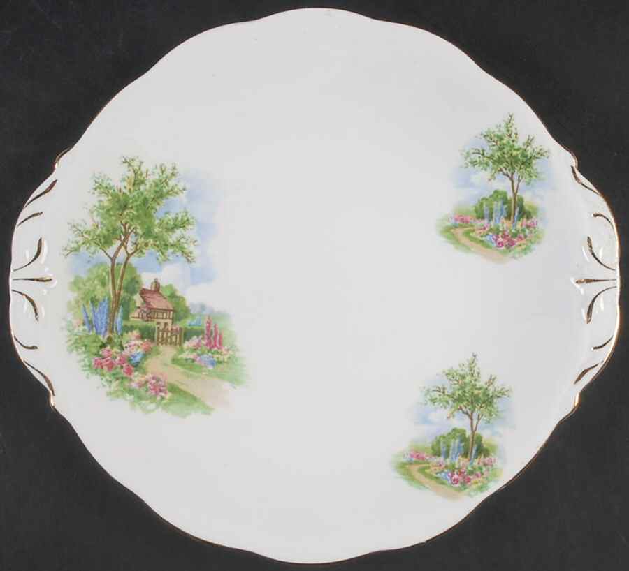 Tudor Cottage Handled Cake Plate by Queen Anne (England)-1