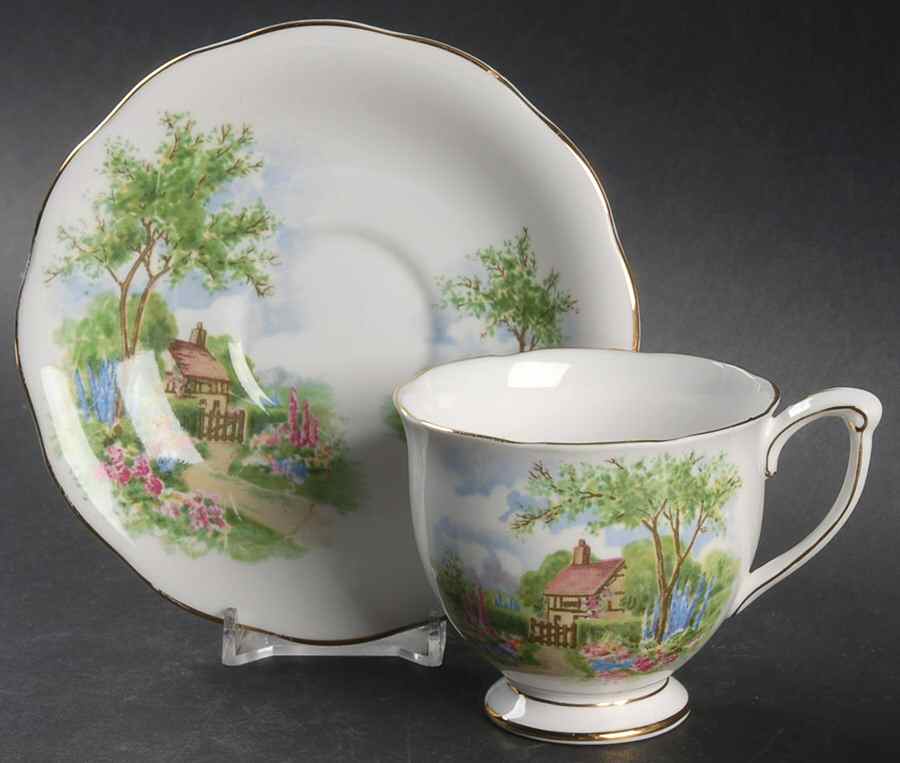 Tudor Cottage Footed Cup & Saucer Set by Queen Anne (England)-1