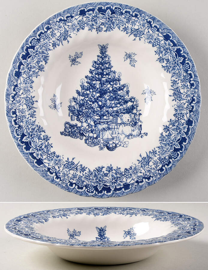 Seasons Greetings Blue Rim Soup Bowl by Queen's-1