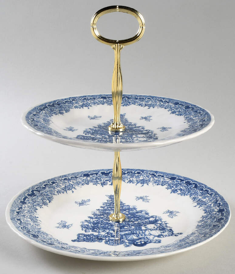 Seasons Greetings Blue 6 5/8"-10"  2 Tiered Serving Tray (Dp, Sp) HC by Queen's-1