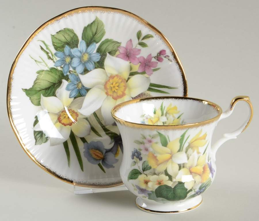 Birthday Flower (Gold Trim) Footed Cup & Saucer Set by Queen's-1
