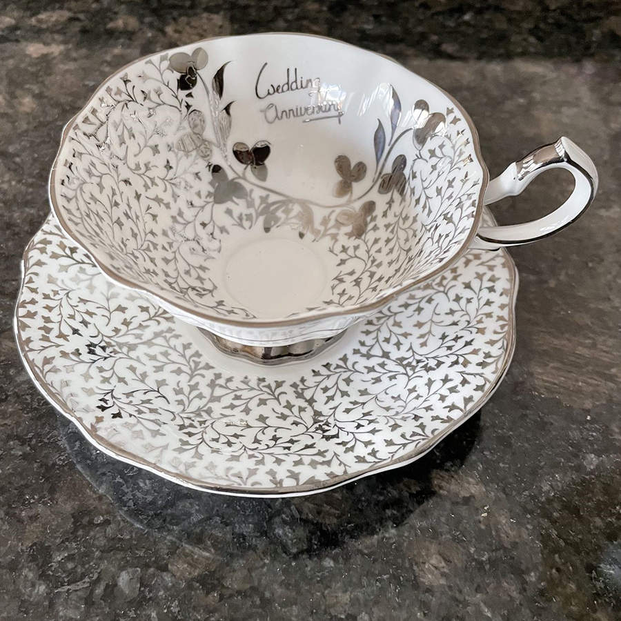 Wedding Anniversary Footed Cup & Saucer Set by Queen Anne (England)-1