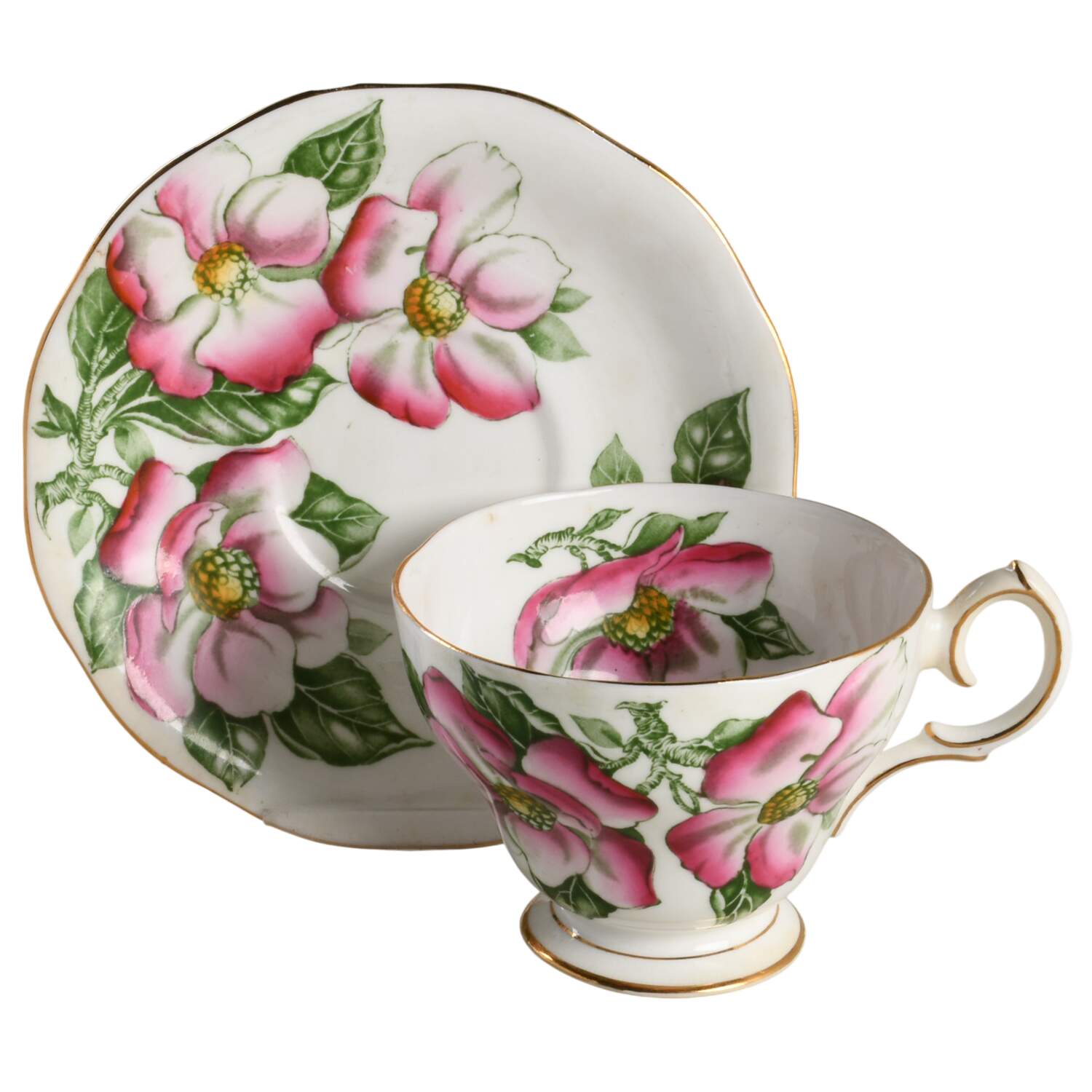 Magnolia (Gold Trim) Footed Cup & Saucer Set by Queen Anne (England)-1