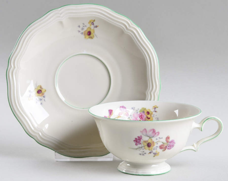 2664 (Chippendale, Cream, Green Trim) Footed Cup & Saucer Set by Rosenthal - Continental-1