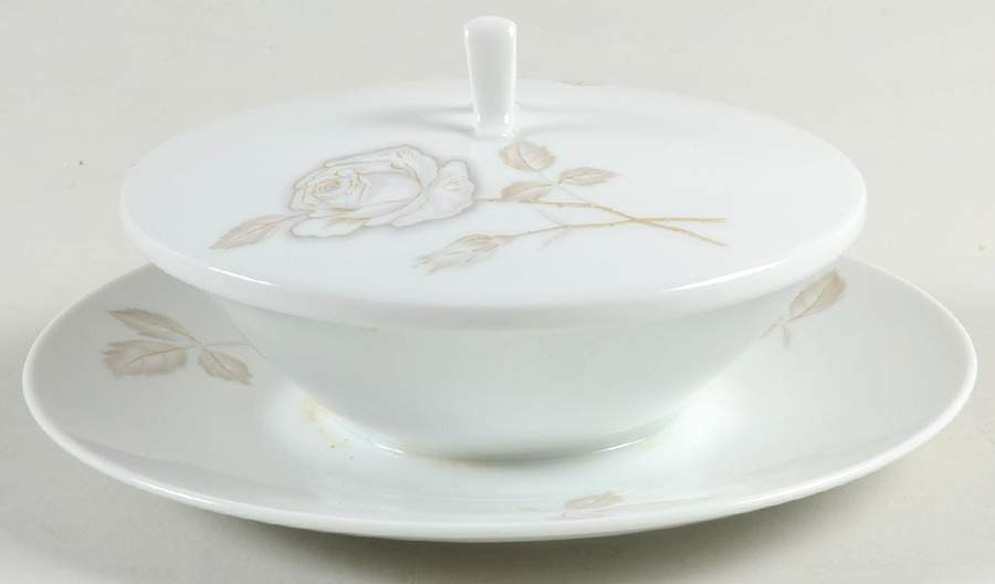 Classic Rose (White Rose, Brown Leaves) Mustard with Lid & Attached Underplate by Rosenthal - Continental-1