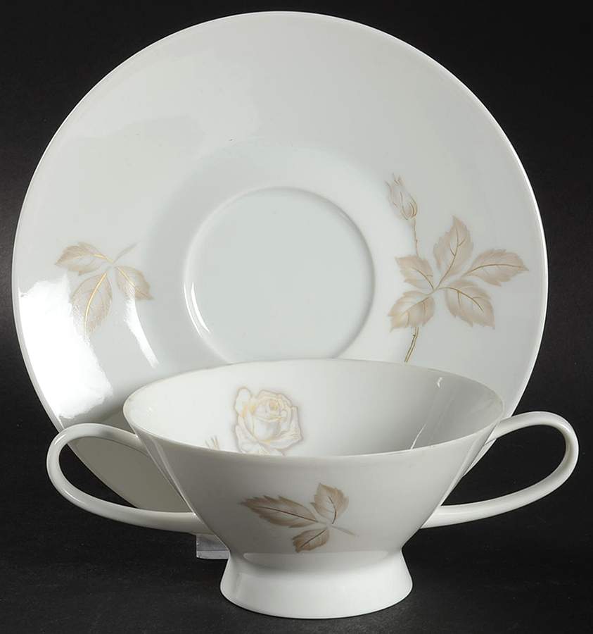 Classic Rose (White Rose, Brown Leaves) Footed Cream Soup Bowl & Saucer Set by Rosenthal - Continental-1