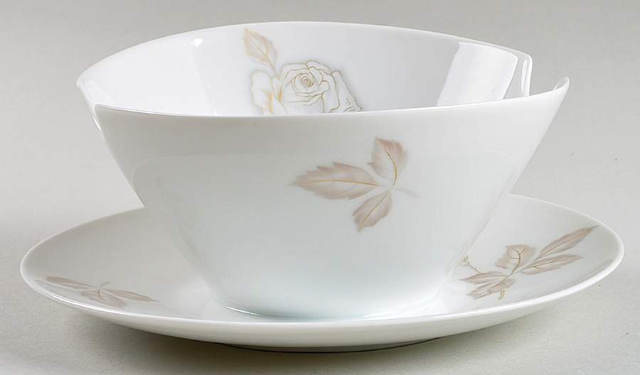 Classic Rose (White Rose, Brown Leaves) Gravy Boat with Attached Underplate by Rosenthal - Continental-1