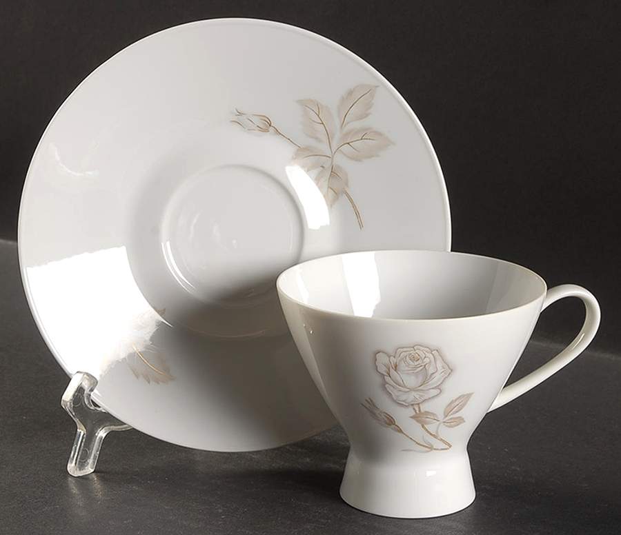 Classic Rose (White Rose, Brown Leaves) Footed Cup & Saucer Set by Rosenthal - Continental-1