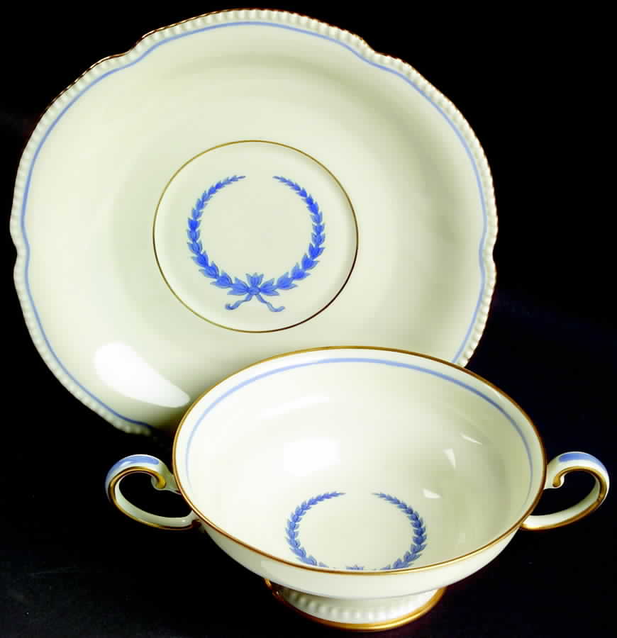 Empire (Blue Wreath, Ivory) Footed Cream Soup Bowl & Saucer Set by Rosenthal - Continental-1