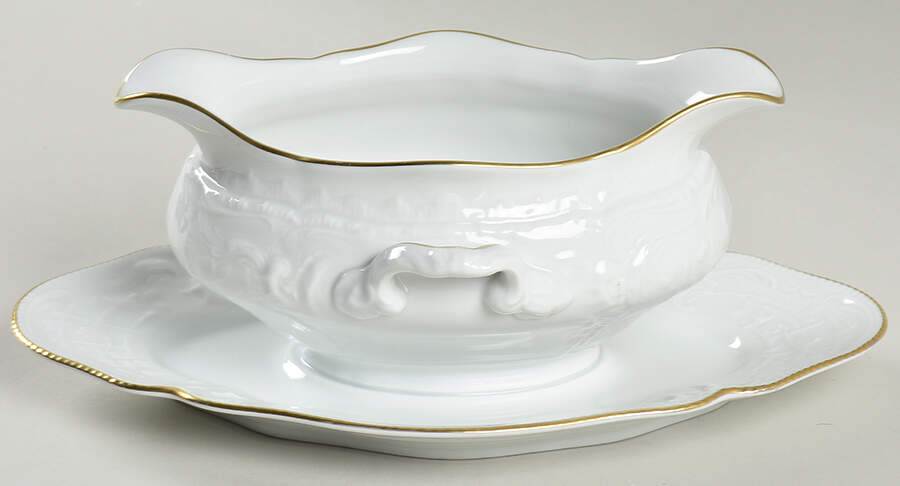 Gold Band (Sanssouci, White) Gravy Boat with Attached Underplate by Rosenthal - Continental-1