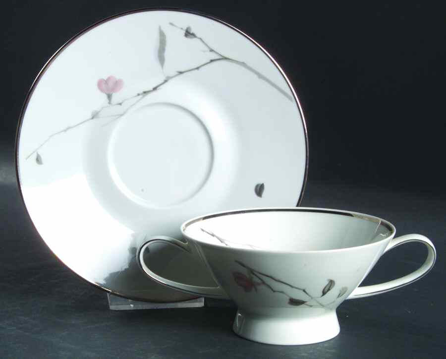 Japanese Quince (Platinum Trim) Footed Cream Soup Bowl & Saucer Set by Rosenthal - Continental-1
