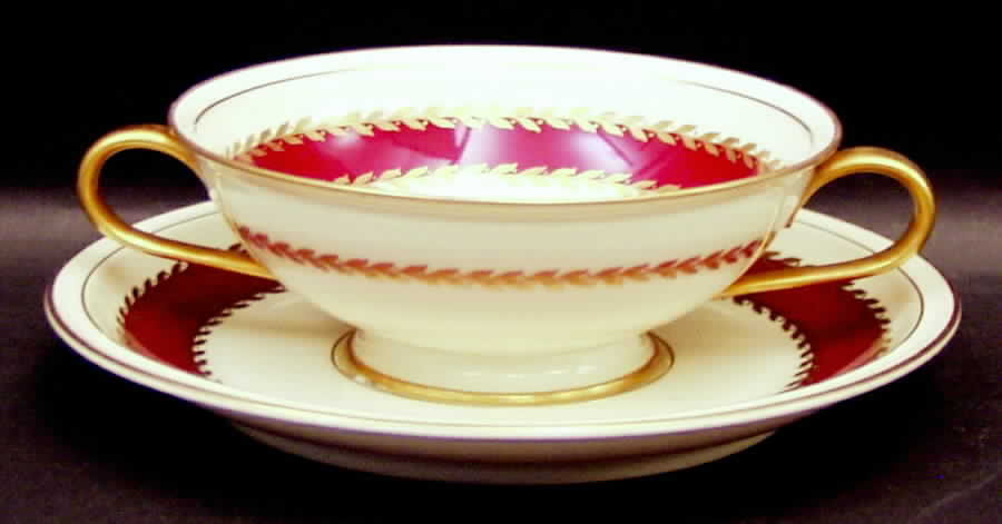 Josephine (Ivory, Maroon Band) Footed Cream Soup Bowl & Saucer Set by Rosenthal - Continental-1