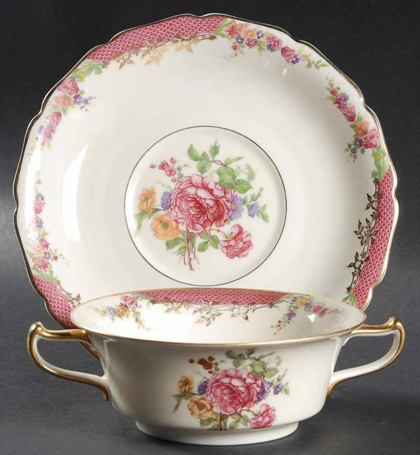 King's Rose (Cream Background, Scalloped) Footed Cream Soup Bowl & Saucer Set by Rosenthal - Continental-1
