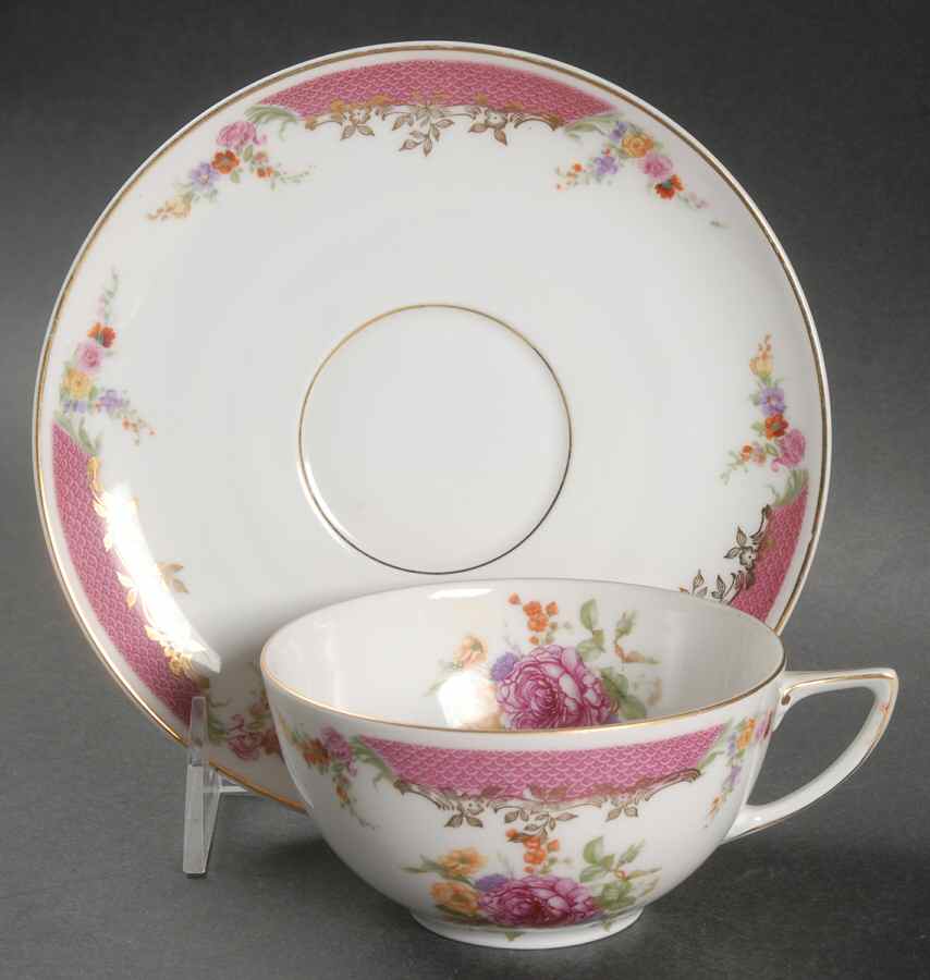 King's Rose (White Background, 1-8" Trim) Flat Cup & Saucer Set by Rosenthal - Continental-1