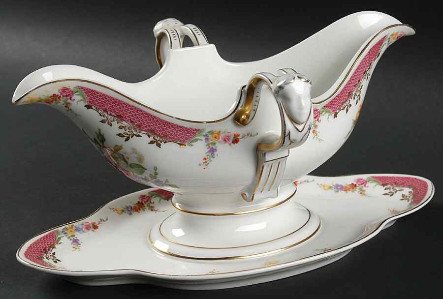 King's Rose (White Background, 1-8" Trim) Gravy Boat with Attached Underplate by Rosenthal - Continental-1