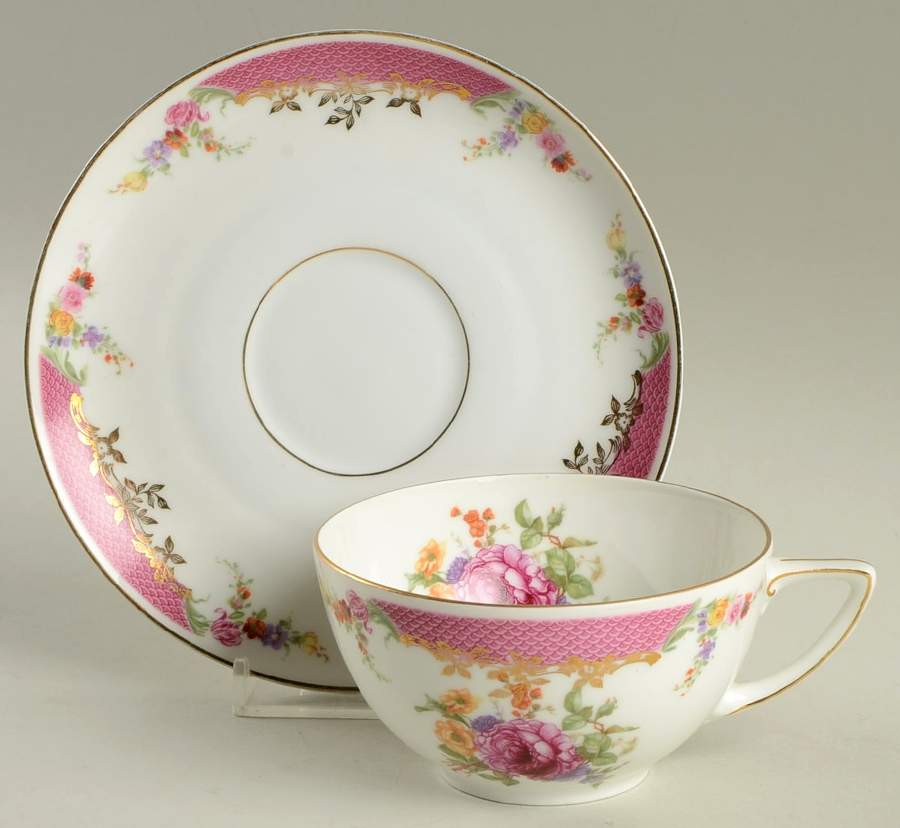 King's Rose (White Background, 1-8" Trim) Flat Cup & Saucer Set by Rosenthal - Continental-1