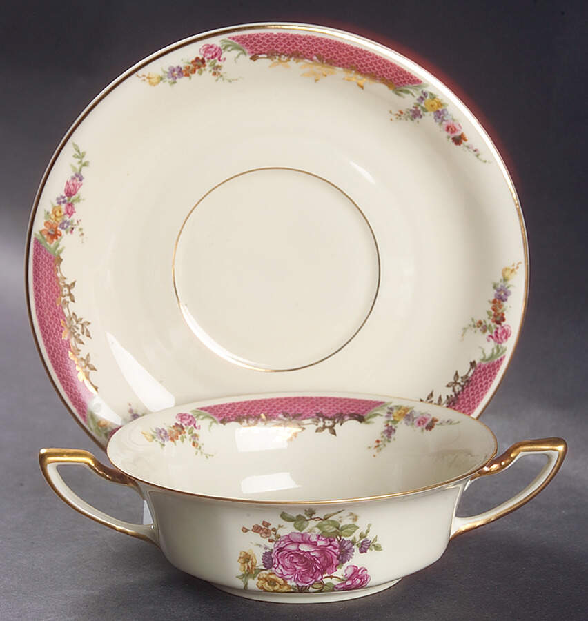 King's Rose (Cream Background, Smooth) Flat Cream Soup Bowl & Saucer Set by Rosenthal - Continental-1