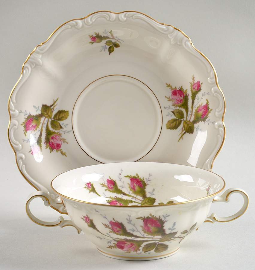 Moss Rose (Pompadour, Ivory Body, Off Center) Flat Cream Soup Bowl & Saucer Set by Rosenthal - Continental-1